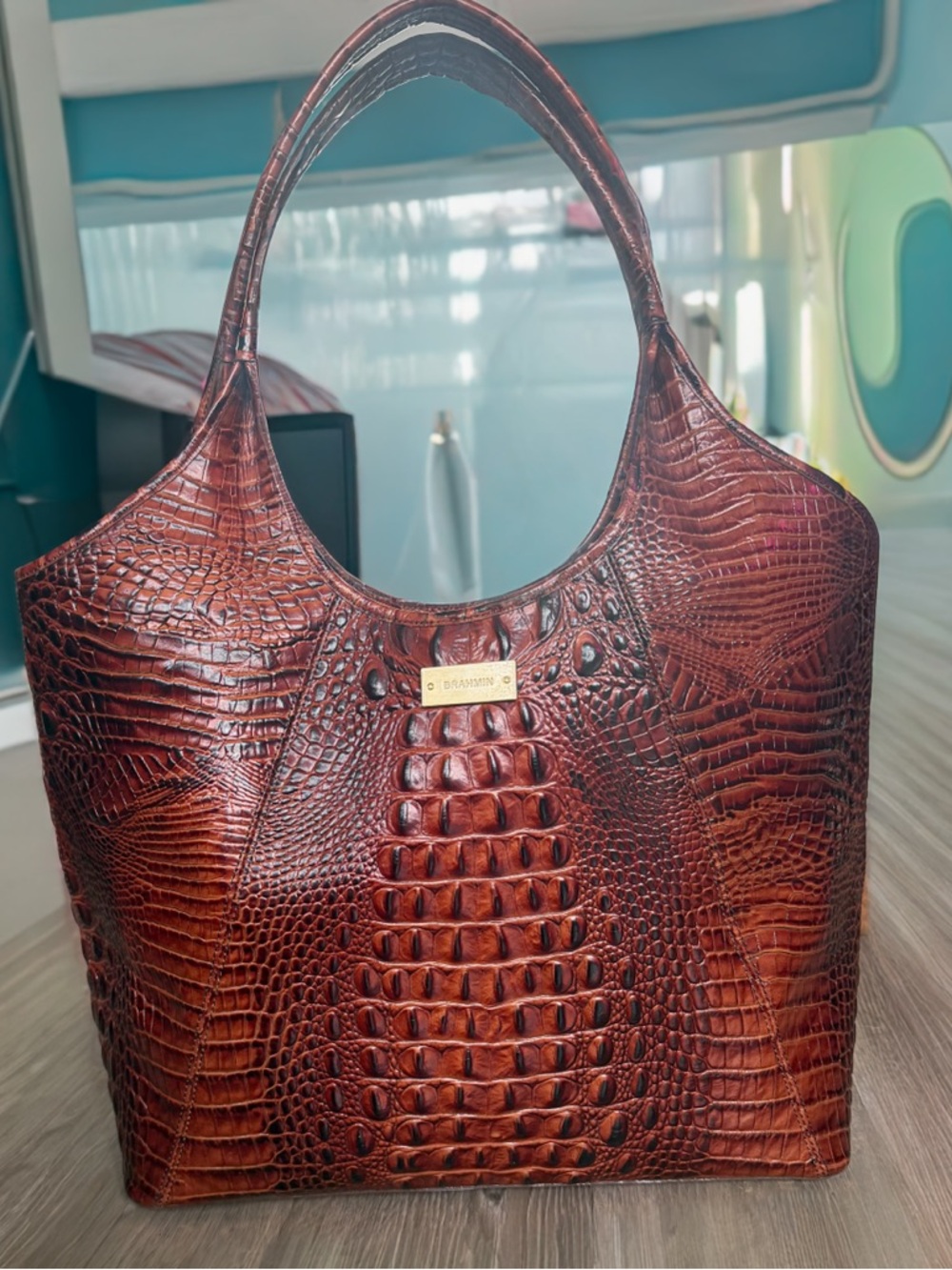 Brahmin Croc-Embossed Leather Tote in Cognac brown with Gold Plate - Picture 3 of 11